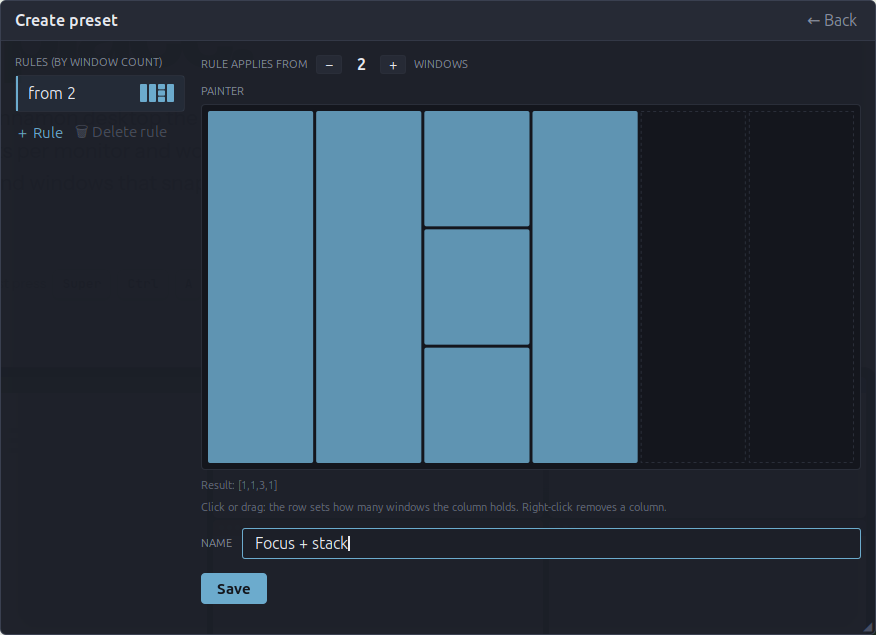 The greenTile preset editor: a rule list on the left, a 6 by 4 painter with four painted columns, a name field and Save