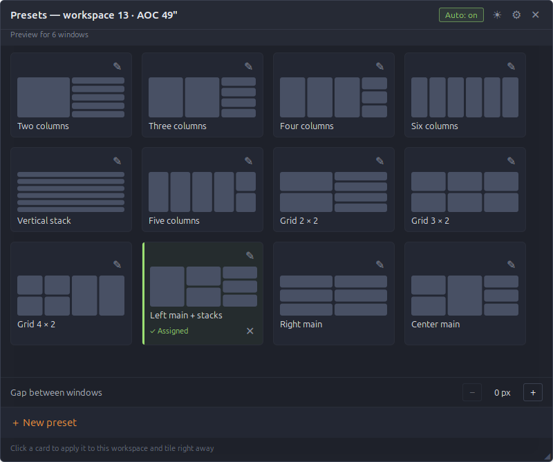 greenTile 2.2.1 preset selection: twelve starter cards in four columns and three rows, example previews for six windows, edit controls and an assigned preset