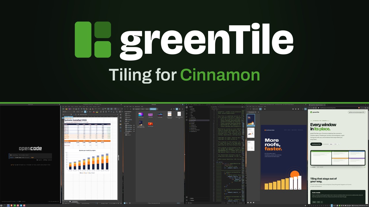 greenTile: tiling for Cinnamon, six windows in one row